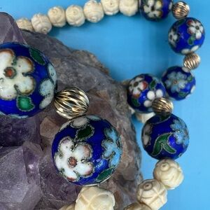 Floral Blue Cloisonne and Cream Beaded Necklace